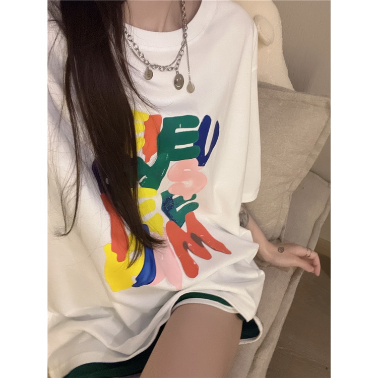 EUNII T-shirt Lengan Pendek Warna Bahasa Inggris Coretan Pencetakan Longgar Korean Style/Kaos Atasan Wanita/Baju Kaus Oversize Wanita