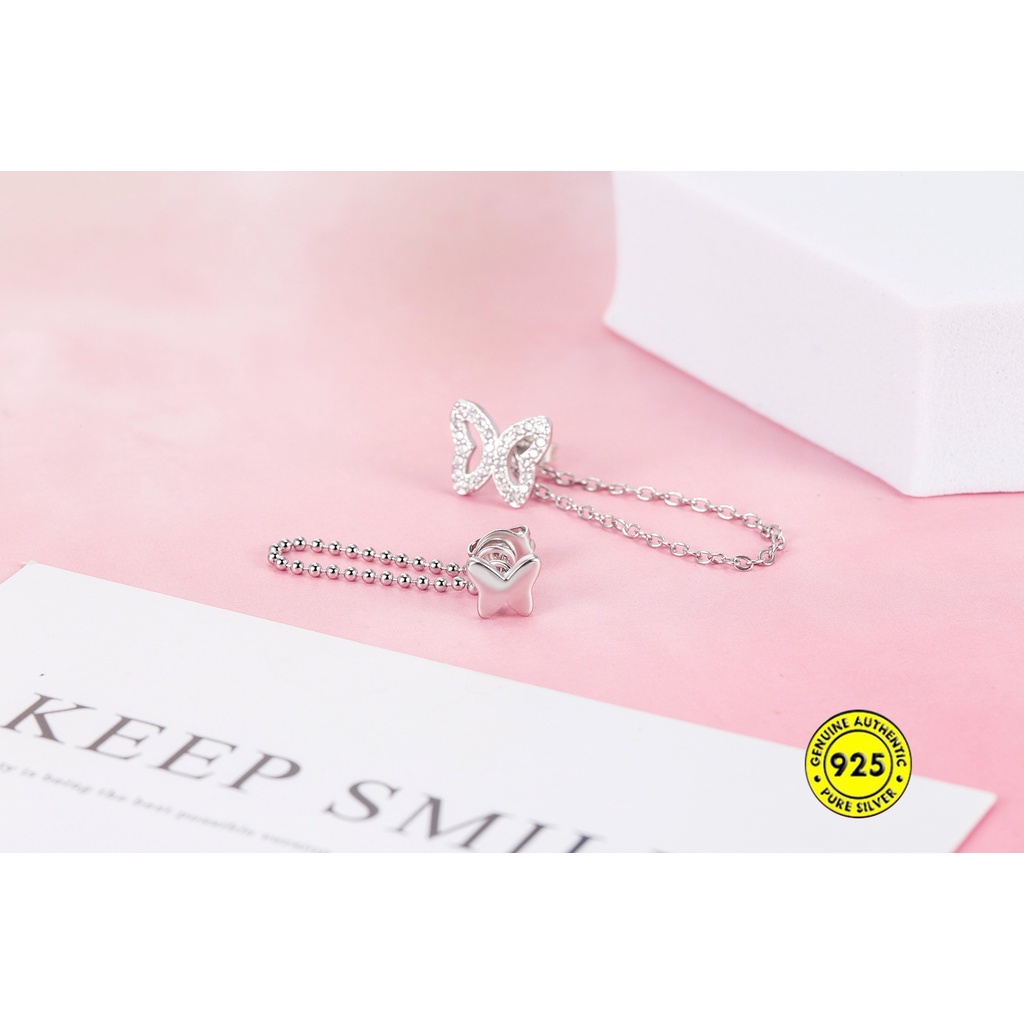 Anting Stud Desain Kupu-Kupu Asimetris Aksen Berlian Imitasi Bahan S925 Sterling Silver Tahan Air Untuk Wanita