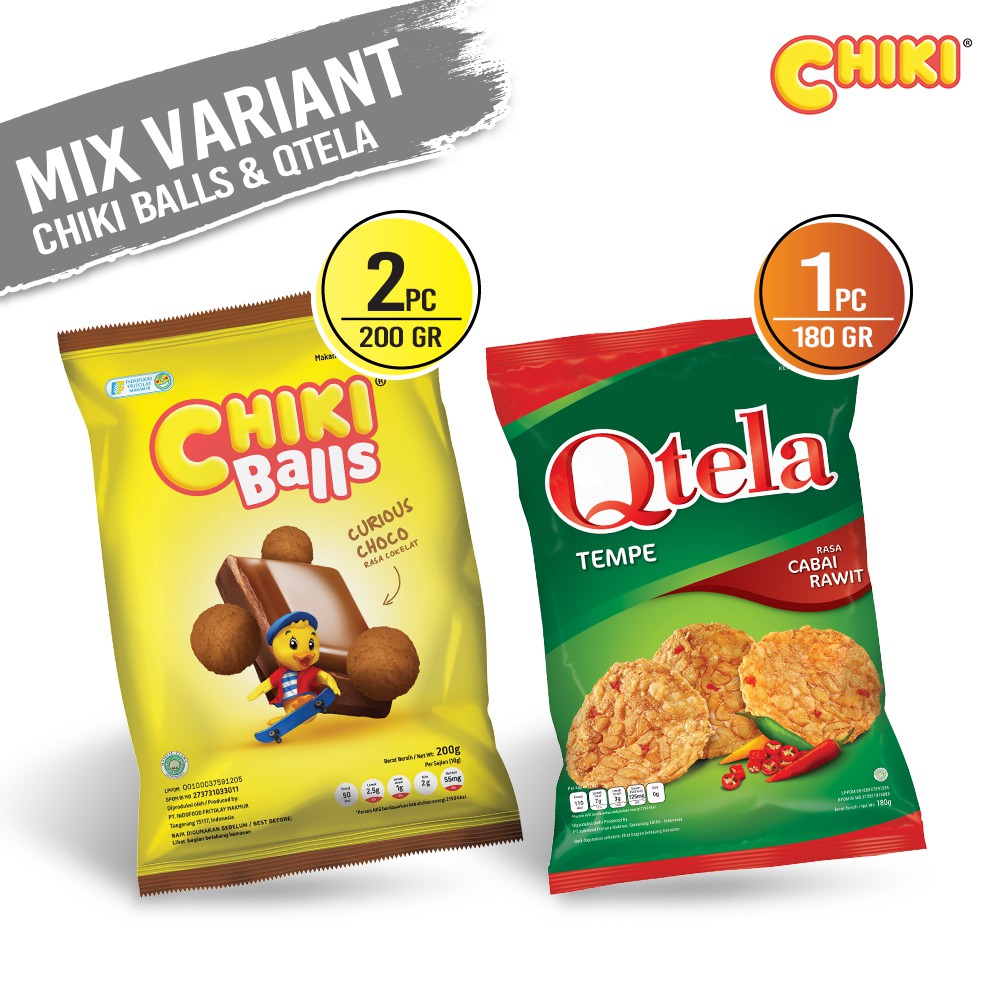 

Chiki Ball Coklat 200 Gr [2 pcs]+Qtela Tempe Cabai Rawit 180 Gr [1 pcs]