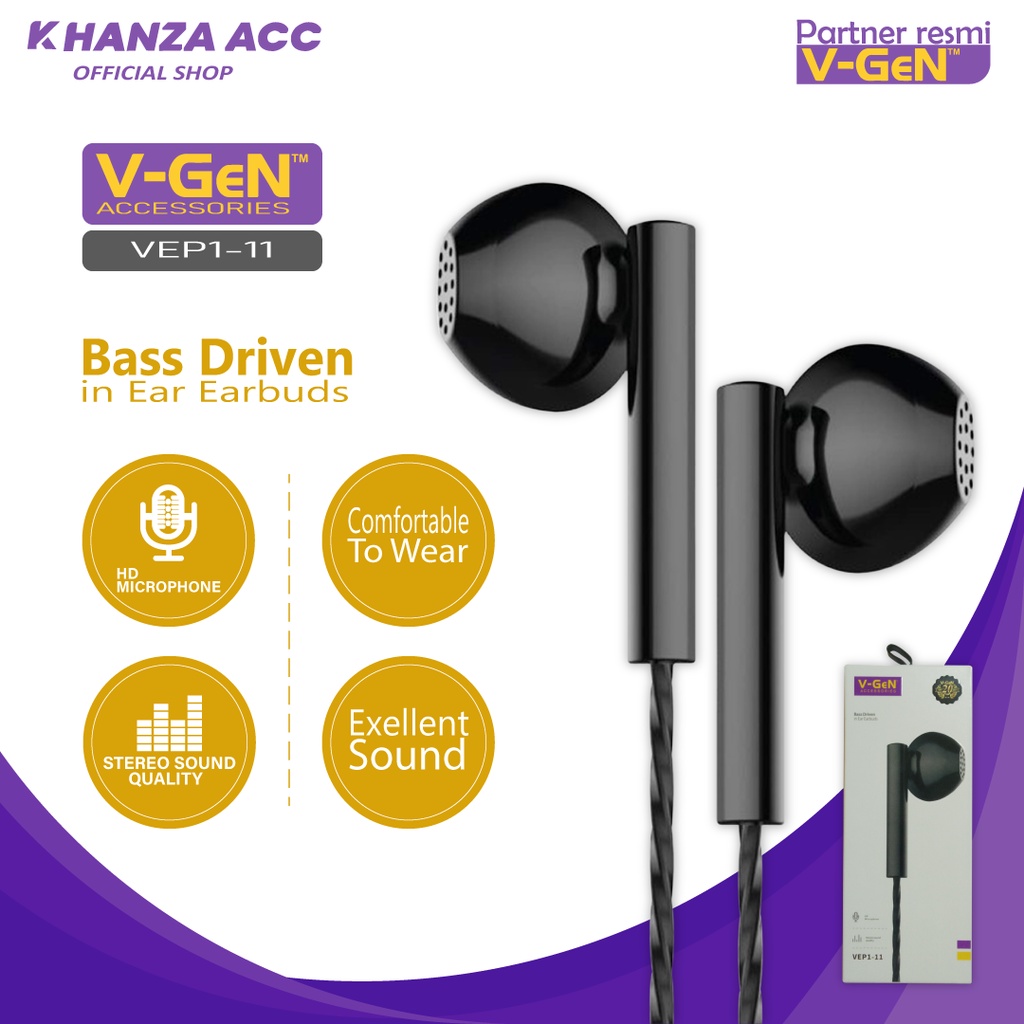 KHANZAACC Earphone VGEN VEP1-11 Wired Handsfree Headset Stereo Sound