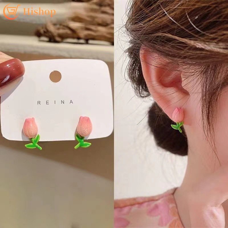 Anting Stud Bentuk Daun Tulip Warna Pink Untuk Wanita