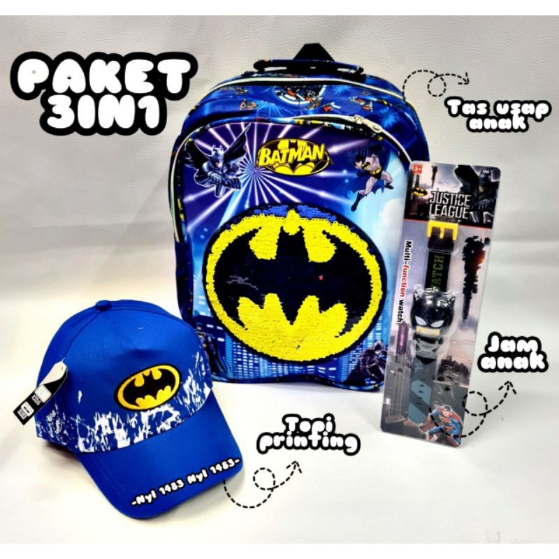 Tas ransel anak usap 2 gambar karakter superhero gratis topi jam tangan - Tas anak