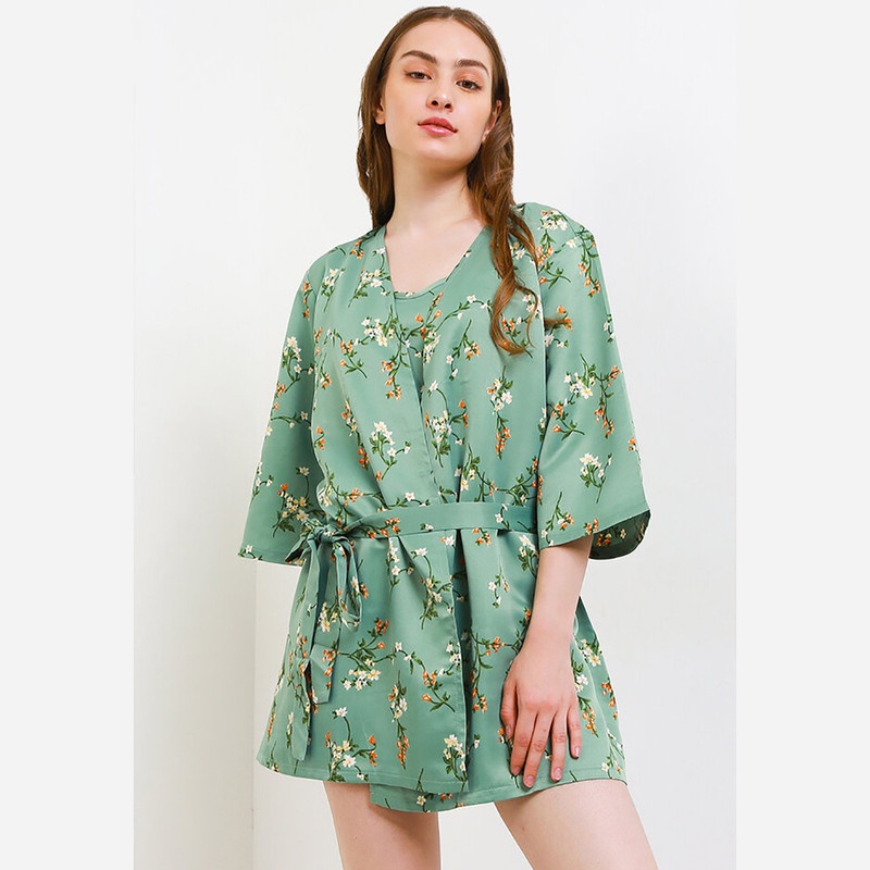 Anne Wintours Kimono Satin Silk Set Daster Tanktop Wanita