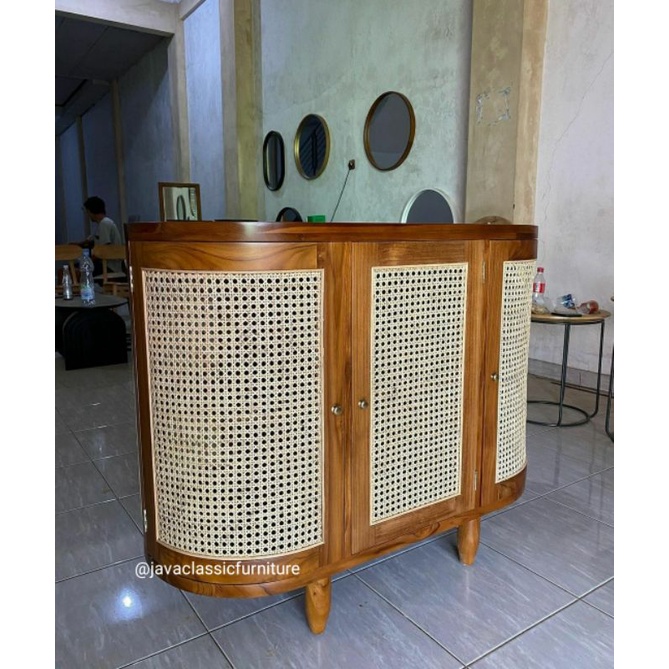 BUFET RETRO ROTAN MINIMALIS BENTUK OVAL BAHAN KAYU JATI FINISHING NATURAL UKURAN 120x90cm-1