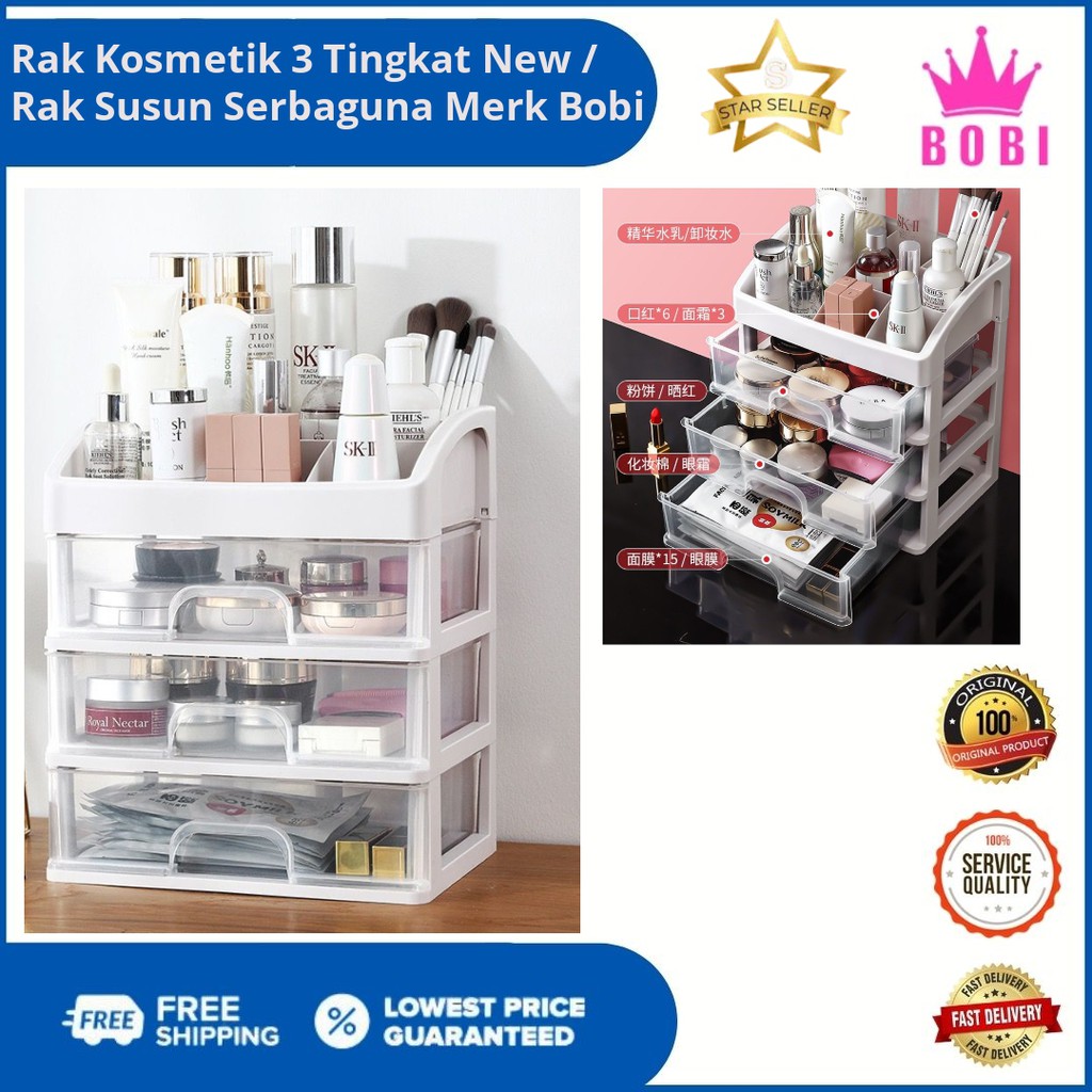 Rak Kosmetik - Rak Make Up Susun Plastik 3 Laci - Rak Serbaguna Merk Bobi Tanpa Dus