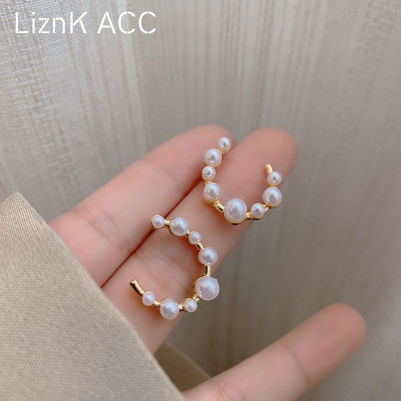 Anting Stud Bentuk C Aksen Mutiara Bahan S925 Untuk Aksesoris