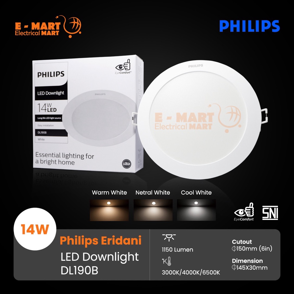 Downlight LED PHILIPS ERIDANI DL190B 14W Ganti 7.5W 6inch 59263 BESAR D150