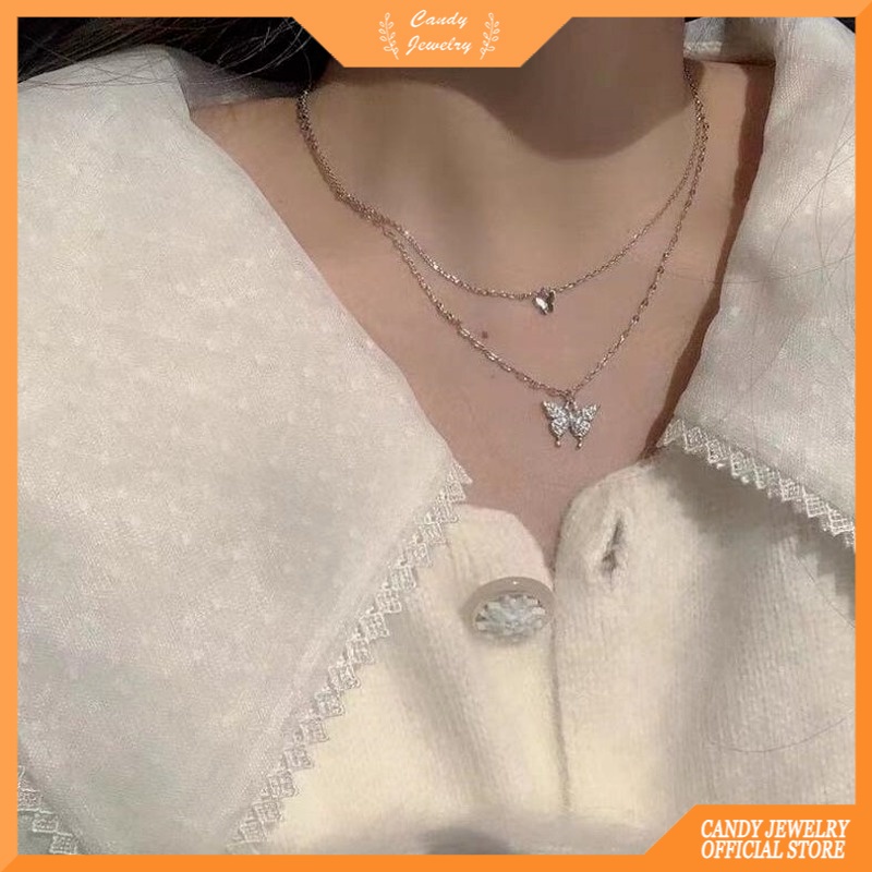 Kalung Rantai Klavikula Hias Liontin Kupu-Kupu Berlian Imitasi Bahan Logam Untuk Wanita