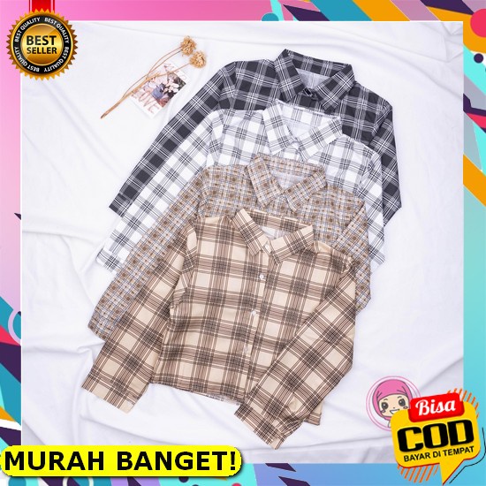 Kemeja Crop Lengan Panjang Tartan | Kemeja Kotak Oversize Cropty | Fla Kemeja Tartan Crop Top Blouse