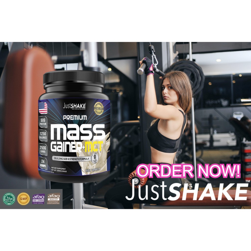 MASS GAINER+MCT PREMIUM JUSTSHAKE/SUSU PEMBENTUK OTOT PRIA DAN WANITA (1200gr)