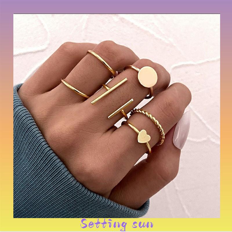 6pcs / Set Cincin Geometris Bahan Alloy Gaya Vintage TN