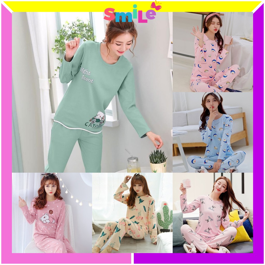 Smile Baju Tidur Wanita Import Setelan Piyama Lengan Panjang Motif Bahan Lembut Fit to XXL 4005-1