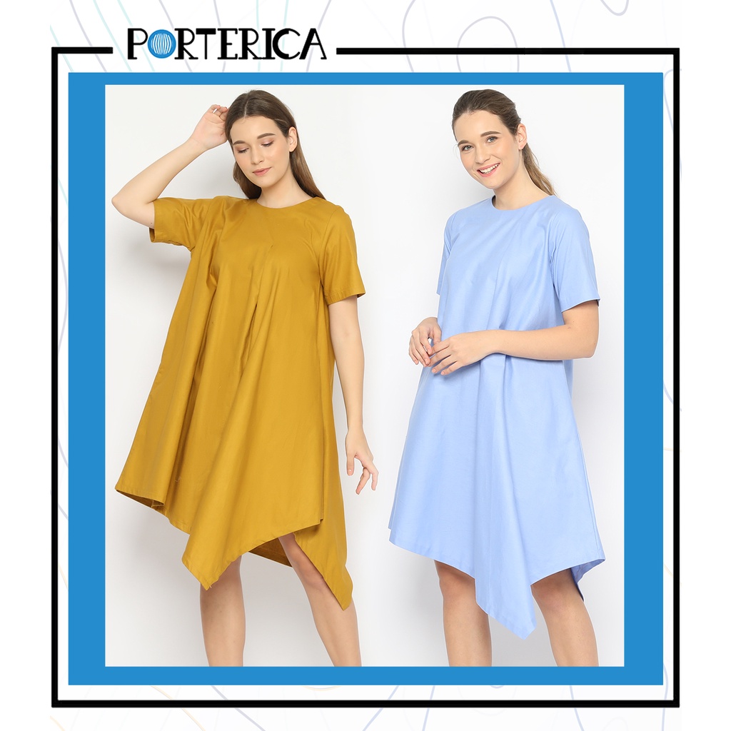 Porterica Women Origami Dress | Dress Midi Asimetris Lengan Pendek | Dress Korean Style | Sustainabl