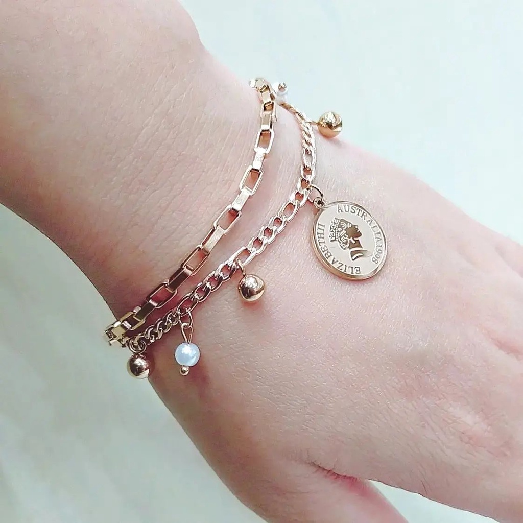 COD - Gelang 2 Layer Coin Emas VIP Jewelry Fashion Wanita Korea Anti Karat Titanium Asli Tidak Luntu