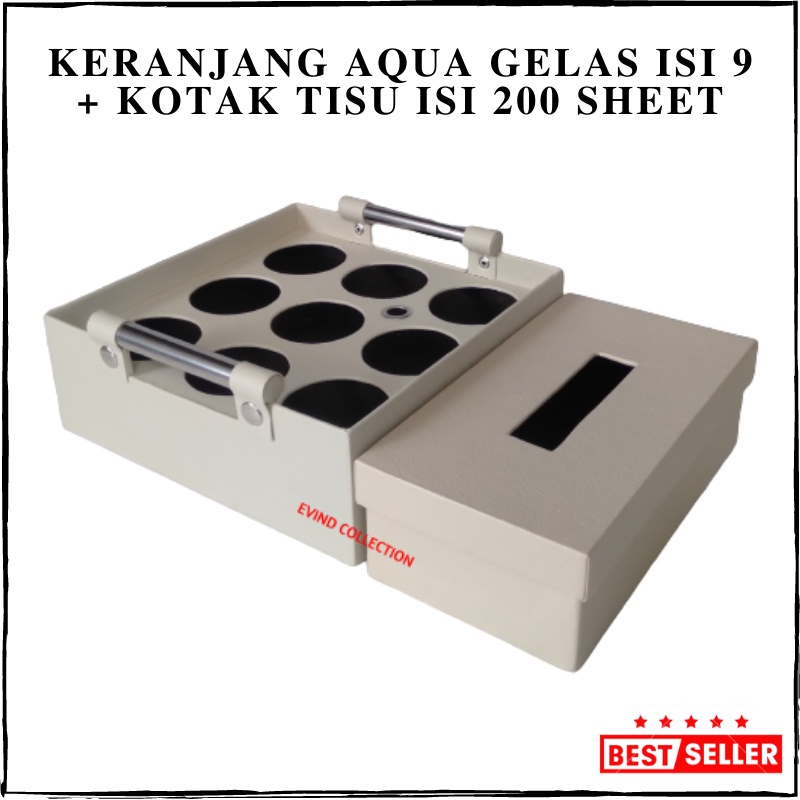 Keranjang Aqua Gelas Isi 9 Cup + Kotak Tisu Kulit Sintetis Isi 200 Sheet Tempat Air Mineral Kotak Tissue