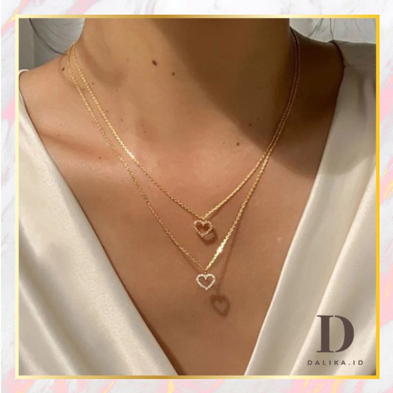 Kalung Multilayer 2 Layer dengan 2 Liontin Hati Dilingkari Permata Fashion Korea Dalika