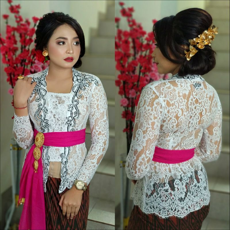 Kebaya bordir semiprancis bunga aplikasi bordiran bunga hitam mix Payet putih