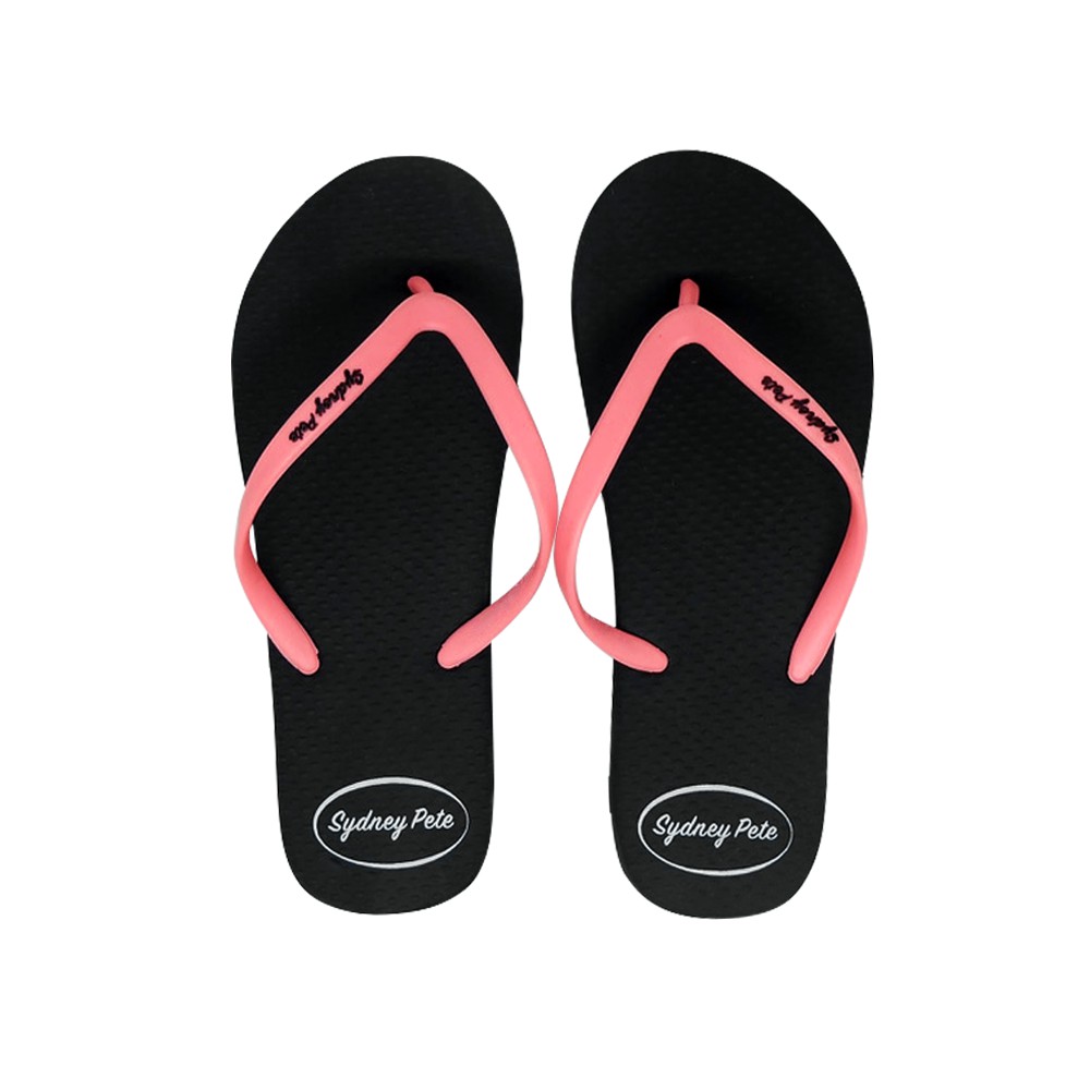 black and pink flip flops