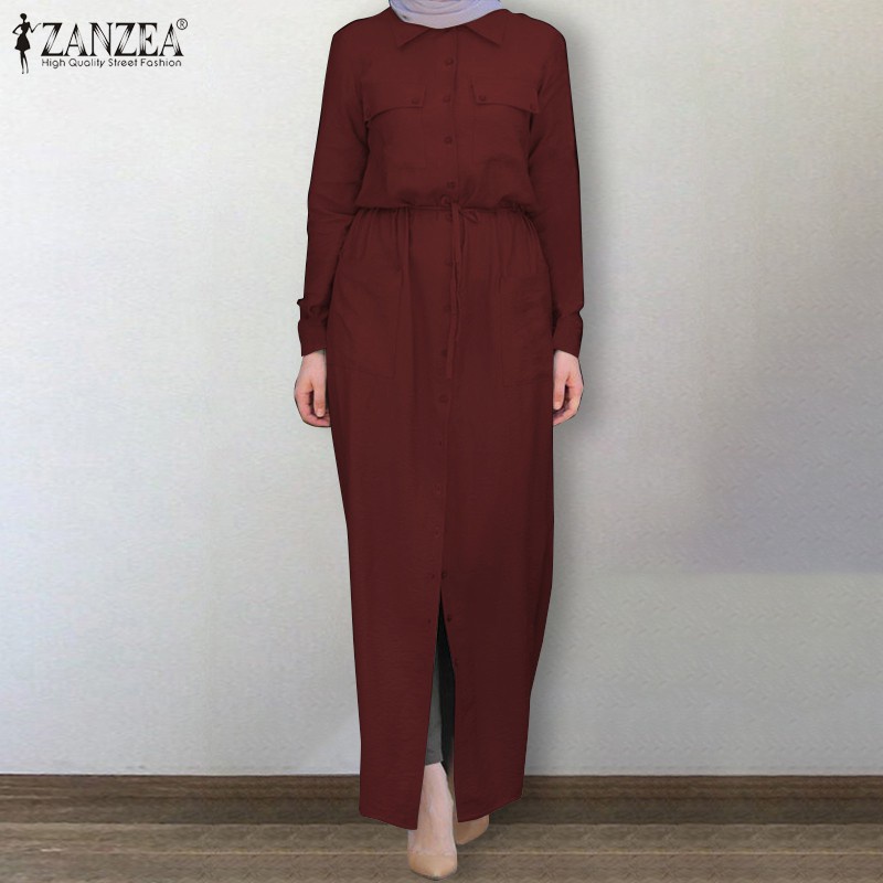 ZANZEA Women Long Sleeve Elastic waist Turn-Down-Collar Muslim Long Dress
