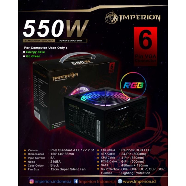 Imperion PSU 550W RGB with 6Pin VGA Power Supply