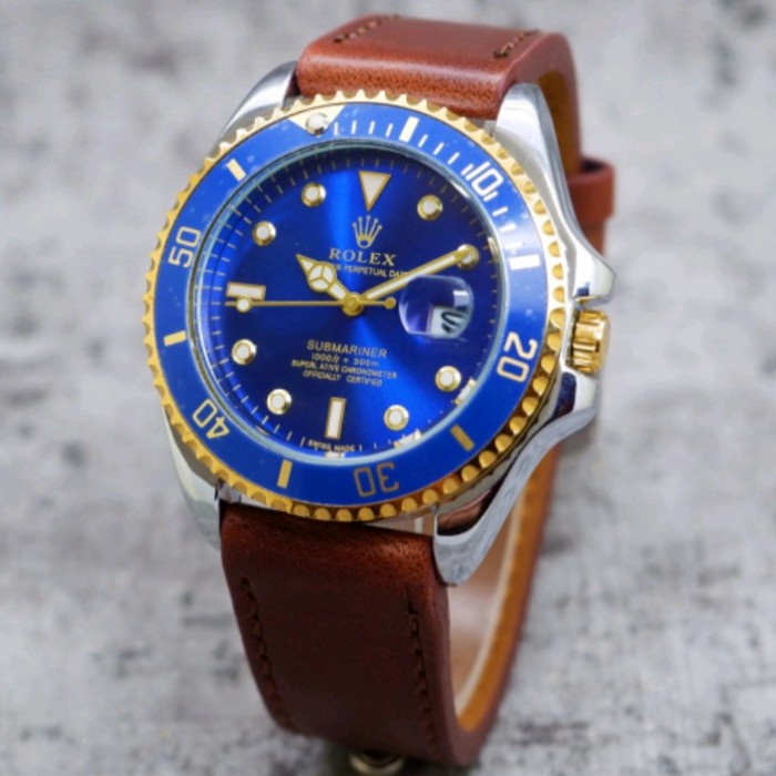 Jam Tangan Pria Rolex Submariner Tali Strap Kulit Tanggal coklat tua Promo Kekinian Jm Jam Murah Bis