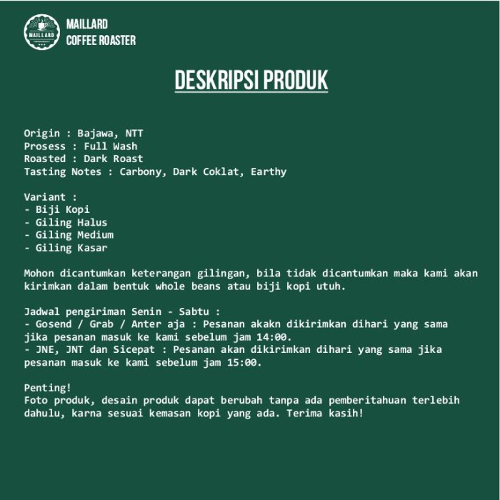 

Ds0Ds1D Biji Kopi Espresso Dark Roast - Arabika Flores Bajawa 500Gr - Giling Kasar Ds20X11