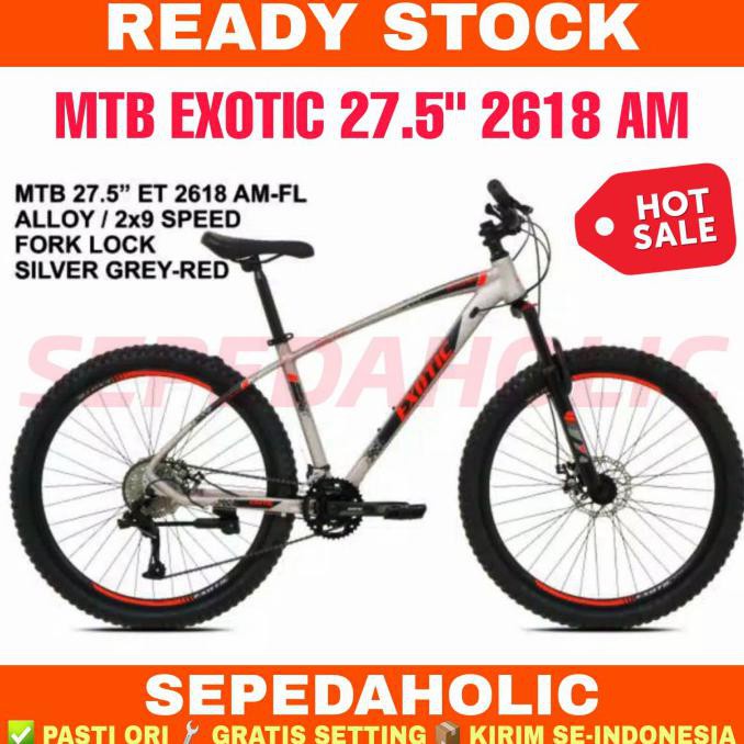 BIG PROMO Sepeda Gunung 27.5" Inch Mtb Exotic 2618 Am Fl Alloy 2X9 Speed - Silver Grey Red