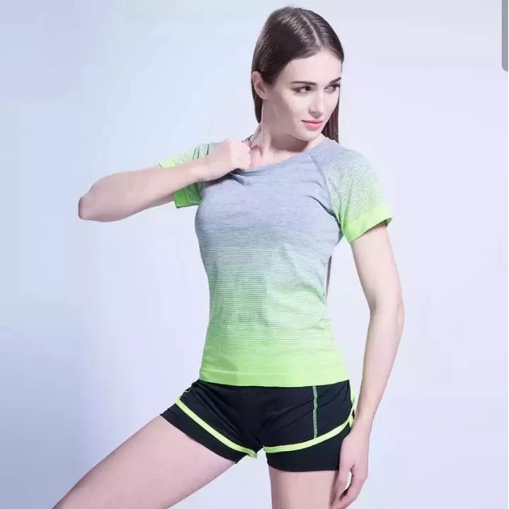 [Hanya Kaos] Kaos Olahraga Wanita Sport Salur Tangan Pendek TM18 / Baju Olahraga Cewek Import Quality Sport Tshirt Wanita Kaos Senam Atasan Olahraga