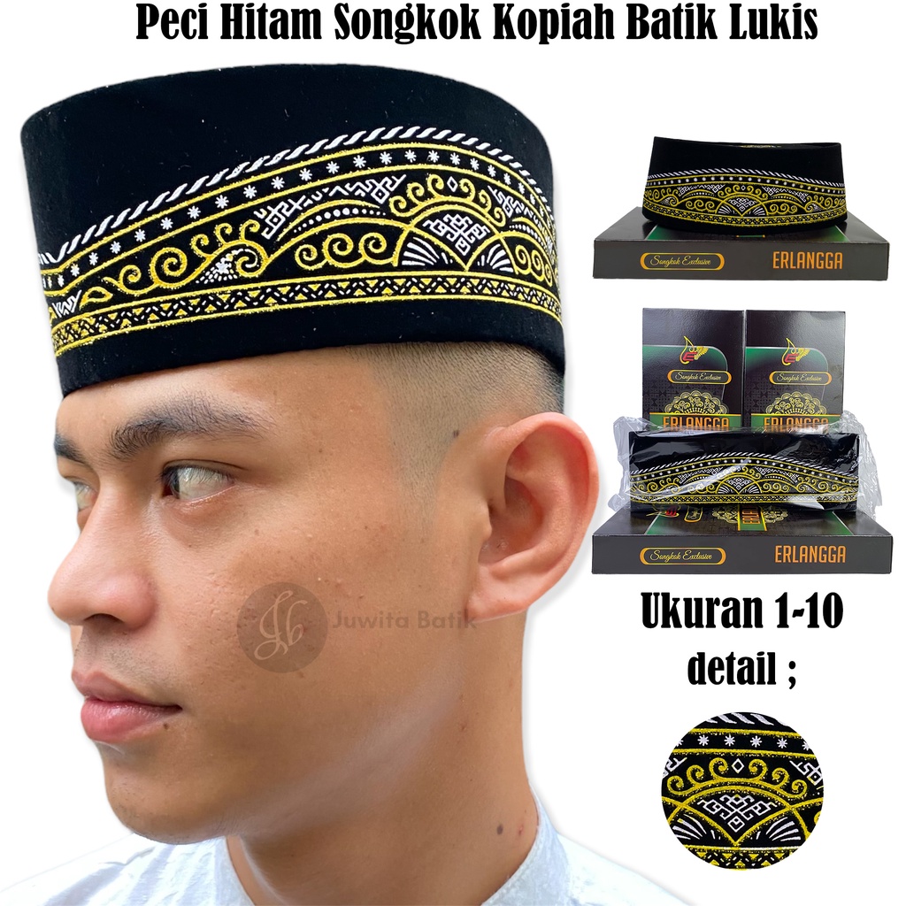 Peci Songkok Nasional Kopiah Hitam Polos Batik Lukis Erlangga Tinggi 9cm