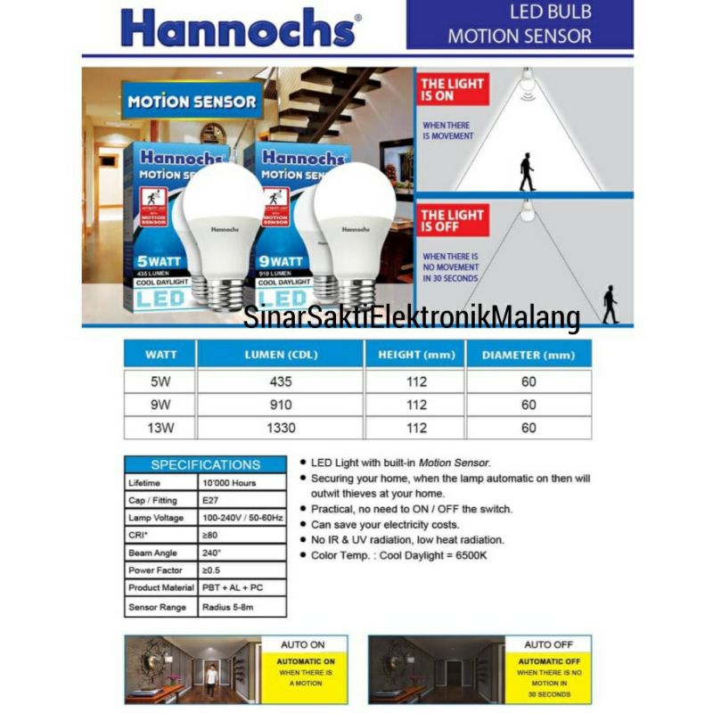 Lampu Led Sensor Gerak Hannochs Motion Sensor 9W 13W 9 Watt 13 Watt