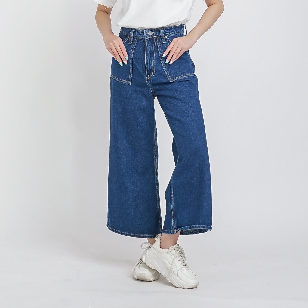 Esrocte Celana Kulot Pocket High Waist Jeans Wanita P22 - Navy 26-38-3