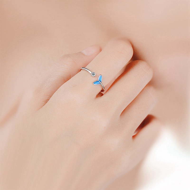 Fancyqube Cincin Bentuk Ekor Ikan Paus Warna Silver Biru Bahan Cubic Zircon Untuk Hadiah