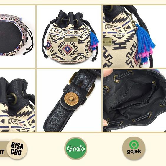 [kekininan].10 Aiueo Tas Selempang Etnik Wanita Model Serut Bahan Kanvas Mini Bucket FAS-ETH-BAG-1,.