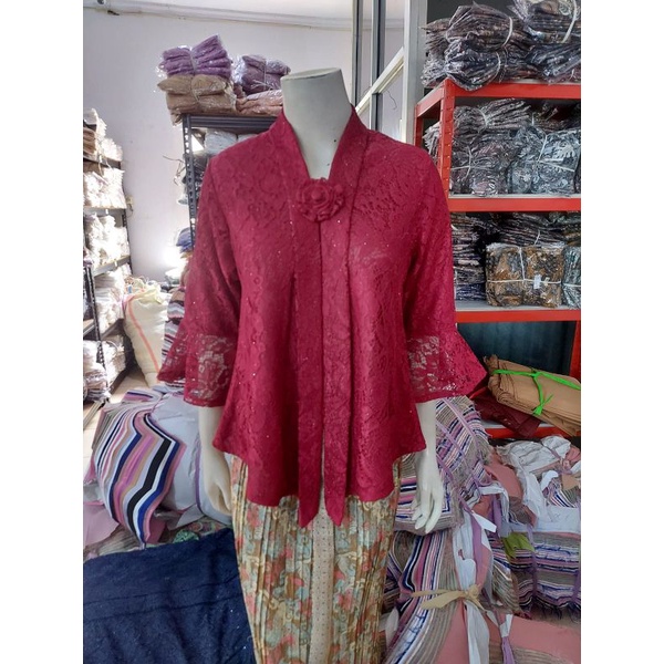 (BrTr92/100/110) Kebaya Floy Brokat GLITTER  7/8 busui TEROMPET KeroncongBusana-Maroon