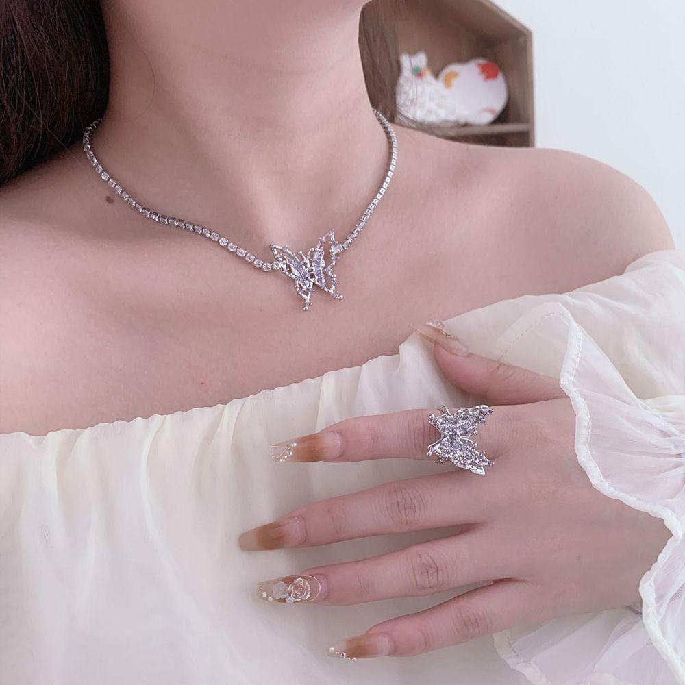 Mxbeauty Ungu Zirkon Kalung Perhiasan Aksesoris Kepribadian Mewah Kupu-Kupu Klavikula Rantai Berlian Imitasi Y2K Rings Alloy Kristal Gaya Korea Choker