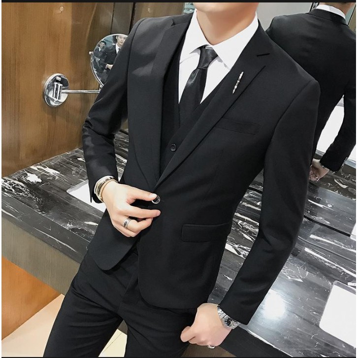 SETELAN JAS FORMAL KANTOR RESMI KERJA PRIA SLIFMIT FULL BLACK HIGH CLASS 5IN1 TERLENGKAP TERMURAH