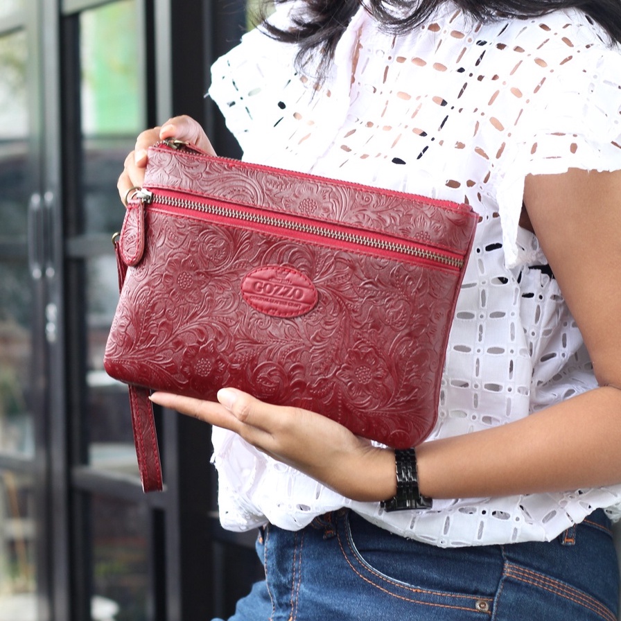 CLUTCH WANITA KULIT SAPI PULL UP ASLI LAILY DOUBLE ZIPPER BATIK MAROON / FREE GRAVIR NAMA