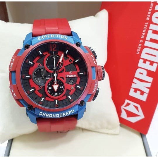 Expedition Original E6781 Jam Tangan Pria Tali Karet Merah Biru