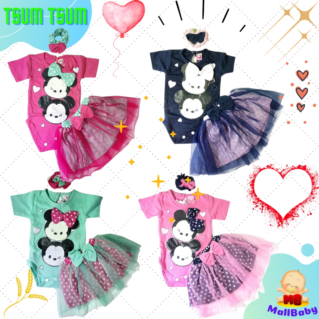 Baju Bayi Perempuan 0-6 Bulan Setelan Jumper Bayi Perempuan Lucu Set Bandana Rok Tsum Tsum