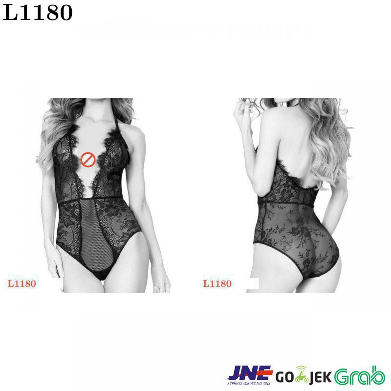 L1180 - Lingerie Teddy Halterneck Hitam Transparan, Belahan Dada Rendah