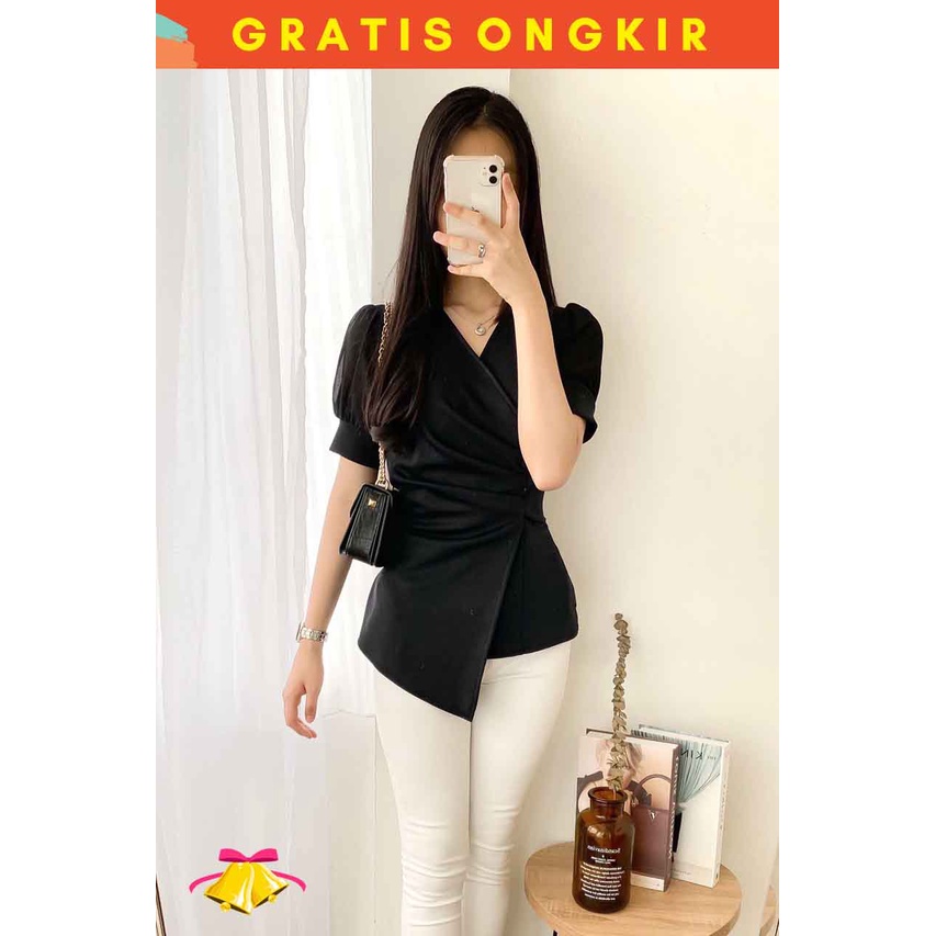 COTTONBELLS ATASAN CASUAL WANITA SCUBA KEIZA PLAID V TIED TOP (AL - B 12583)-8