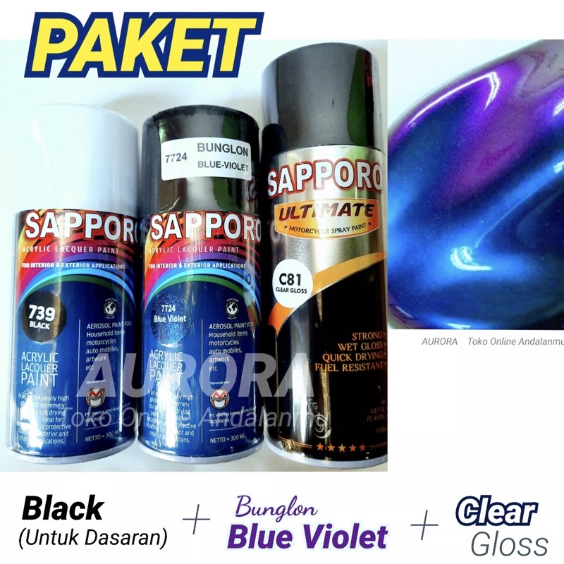 PAKET SAPPORO BUNGLON 7724 BLUE VIOLET + 739 BLACK + C81 CLEAR GLOSS pilok tahan bensin cat semprot 