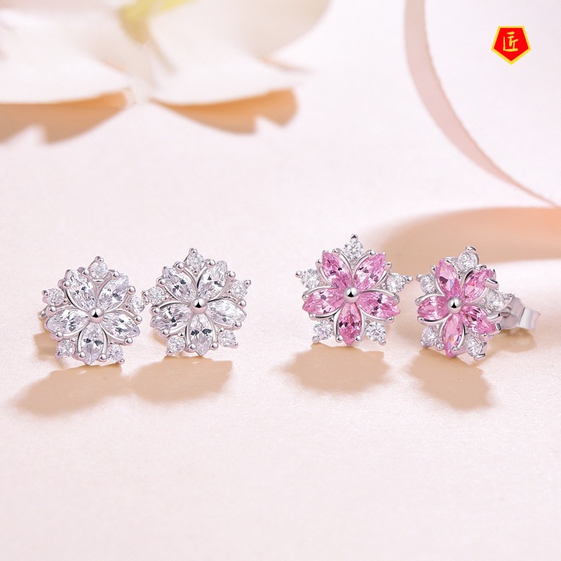 [Ready Stock]Pink Diamond Cherry Blossom Stud Earrings Elegant Sweet