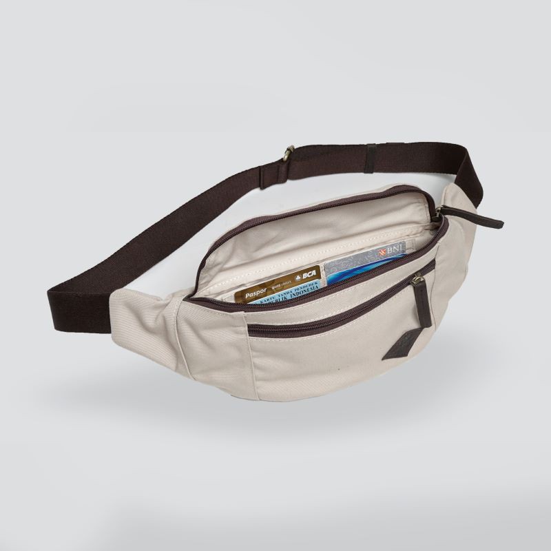 Tas Waistbag Selempang Pinggang IDAHO Cream Kanvas TEBAL Water Repellent &amp; Kulit ASLI