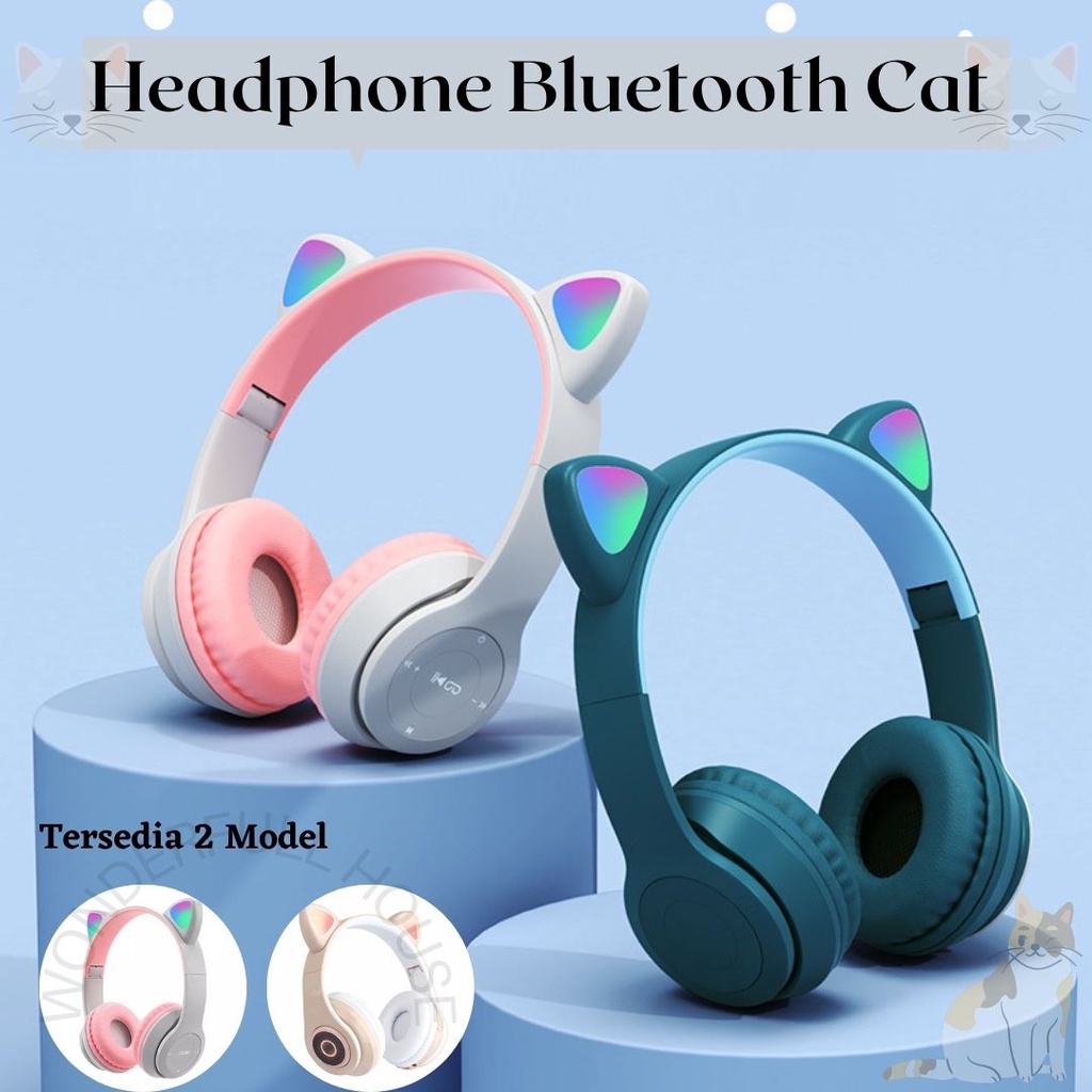 Headset Gaming Headphone Bluetooth Telinga Kucing LED Wireless Super Bass Gaming