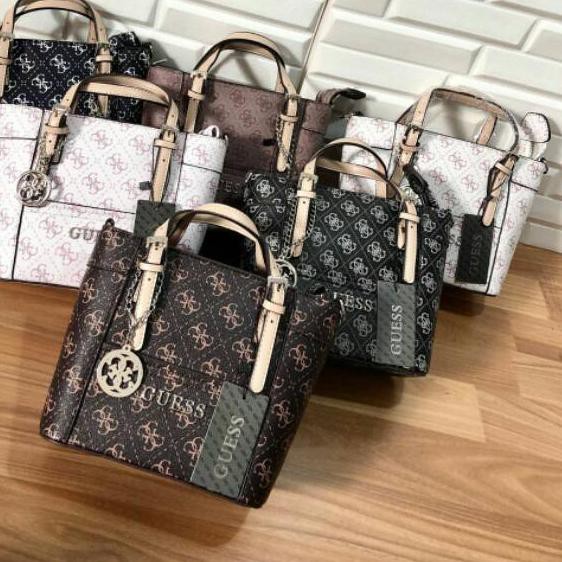 [ PREMIUM ] -tl Tas Guess Wanita Charcoal Delaney Logo Mini Tote Crossbody Bag ,,,,,