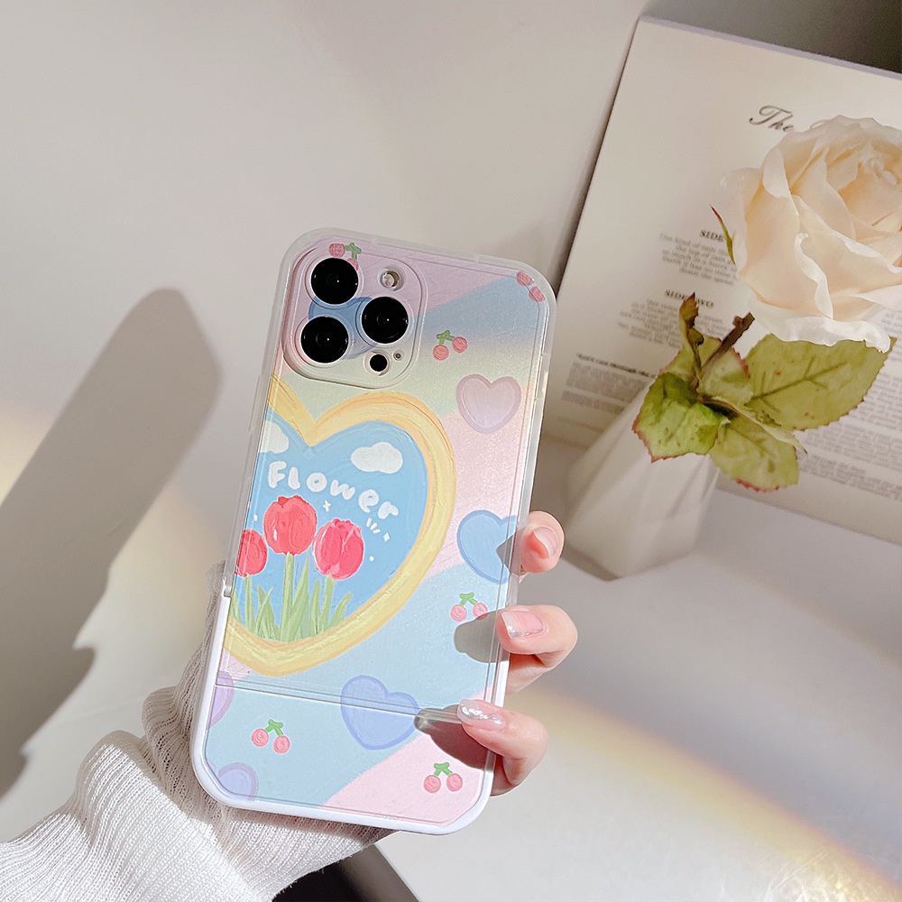 Case Pelindung Transparan Motif Rantai Bunga Dengan Holder Untuk Iphone 11 8 7 Plus SE2 XS XR 12 13 PRO MAX