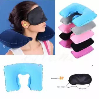 Bantal Leher Travel Tiup Penutup Mata Telinga Leher Bantal Tidur Perjalanan