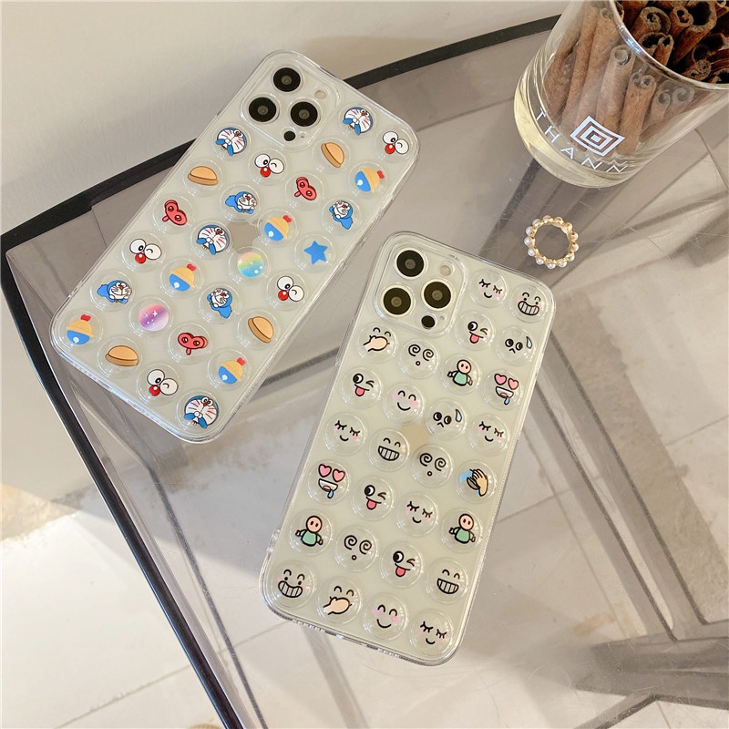 Fashion Cartoon cute Doraemon extrusion bubble Anti-fall phone case iPhone 11 12 Pro Max X XS XR 7 8 Plus SE 2020 transparent Shockproof Case