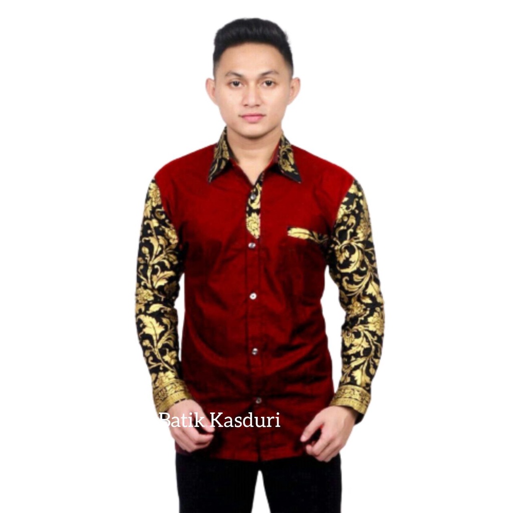 [BISA COD] Kemeja Batik Pria Dewasa Kombinasi Prada Kemeja Batik Pria Lengan Panjang Modern